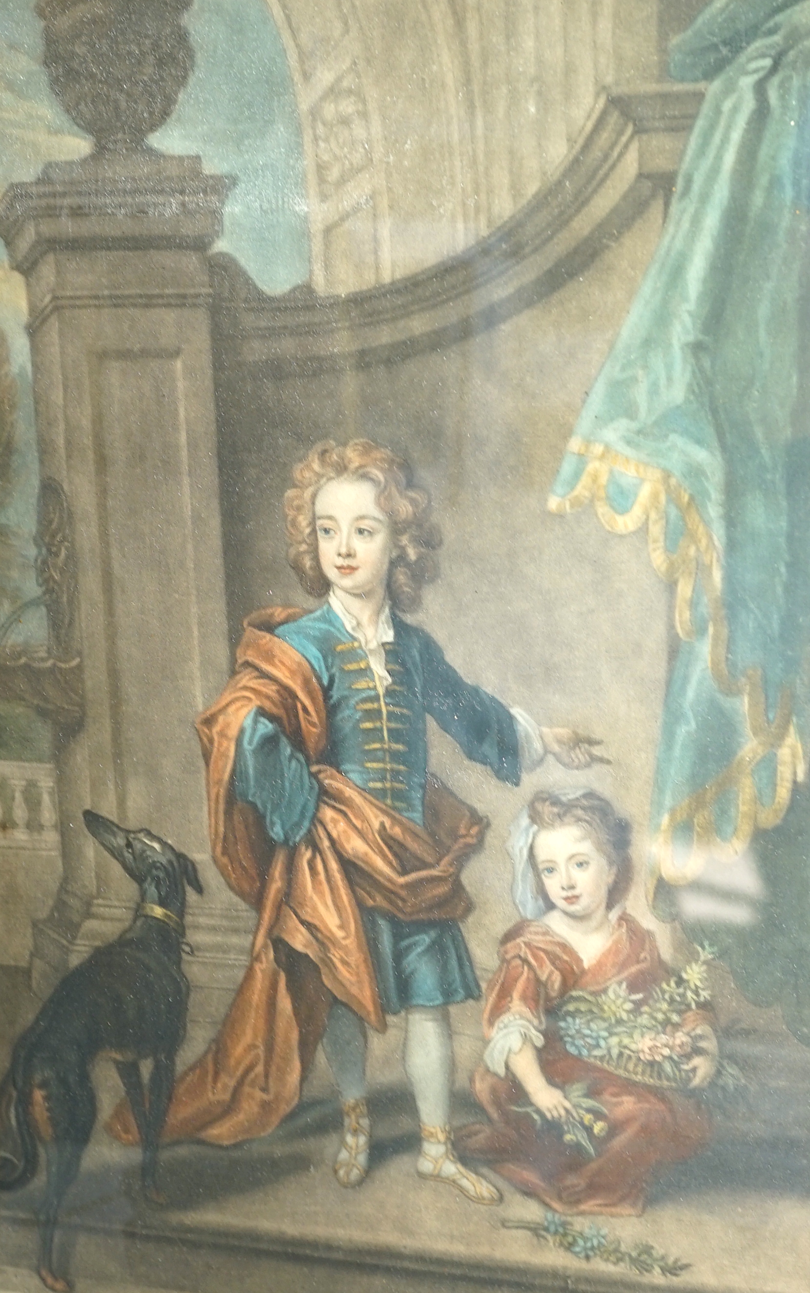 Smith after Kneller, pair of coloured aquatints, 'The Lord Buckhurst and Lady Mary Sackvil, his sister' and 'Richard Lord Clifford and Lady Jane, his sister', 39 x 25cm, and a French print, La March d'eau de Vie'